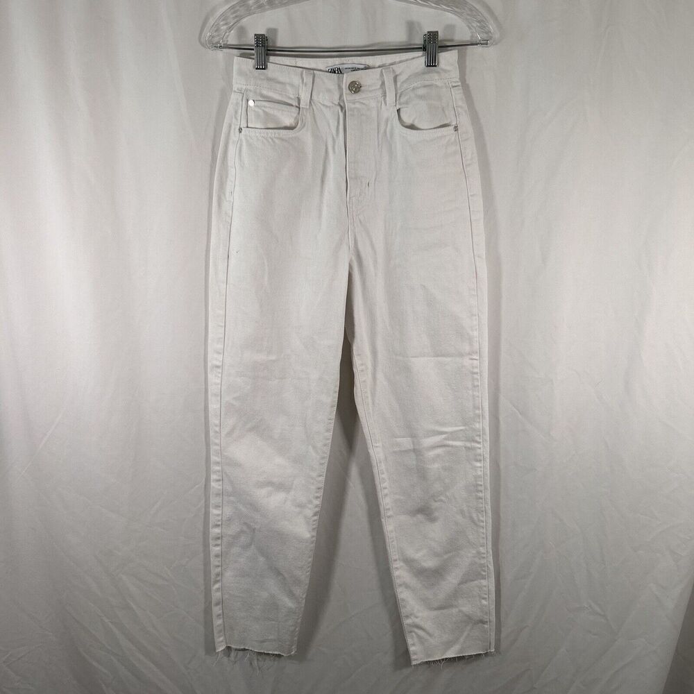 Zara Jeans Womens 2 White Denim High Rise Pockets Button Zip Cut Off 100% Cotton